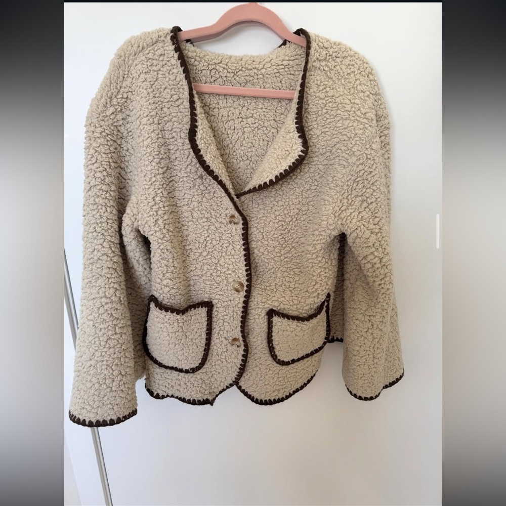 SHEIN Cream Teddy Jacket with Brown Accents